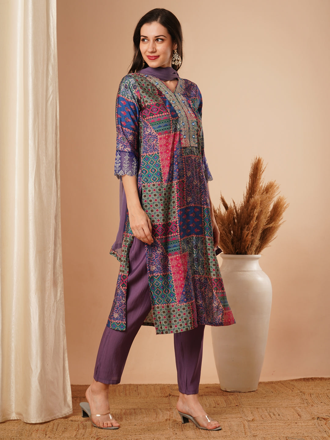 Ethnic Printed & Embroidered Straight Fit Kurta with Pant & Dupatta - Purple