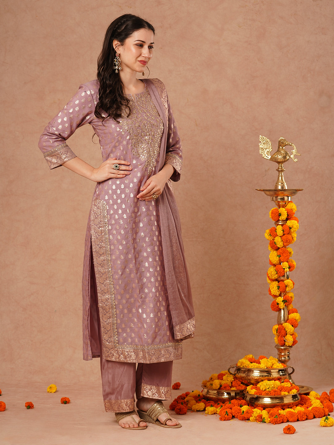 Solid Ethnic Embroidered & Woven Straight Kurta with Palazzo & Dupatta - Lavender