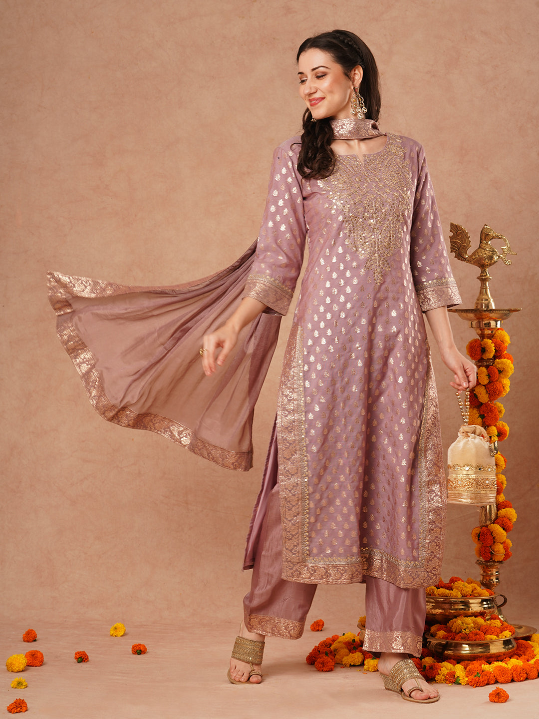 Solid Ethnic Embroidered & Woven Straight Kurta with Palazzo & Dupatta - Lavender