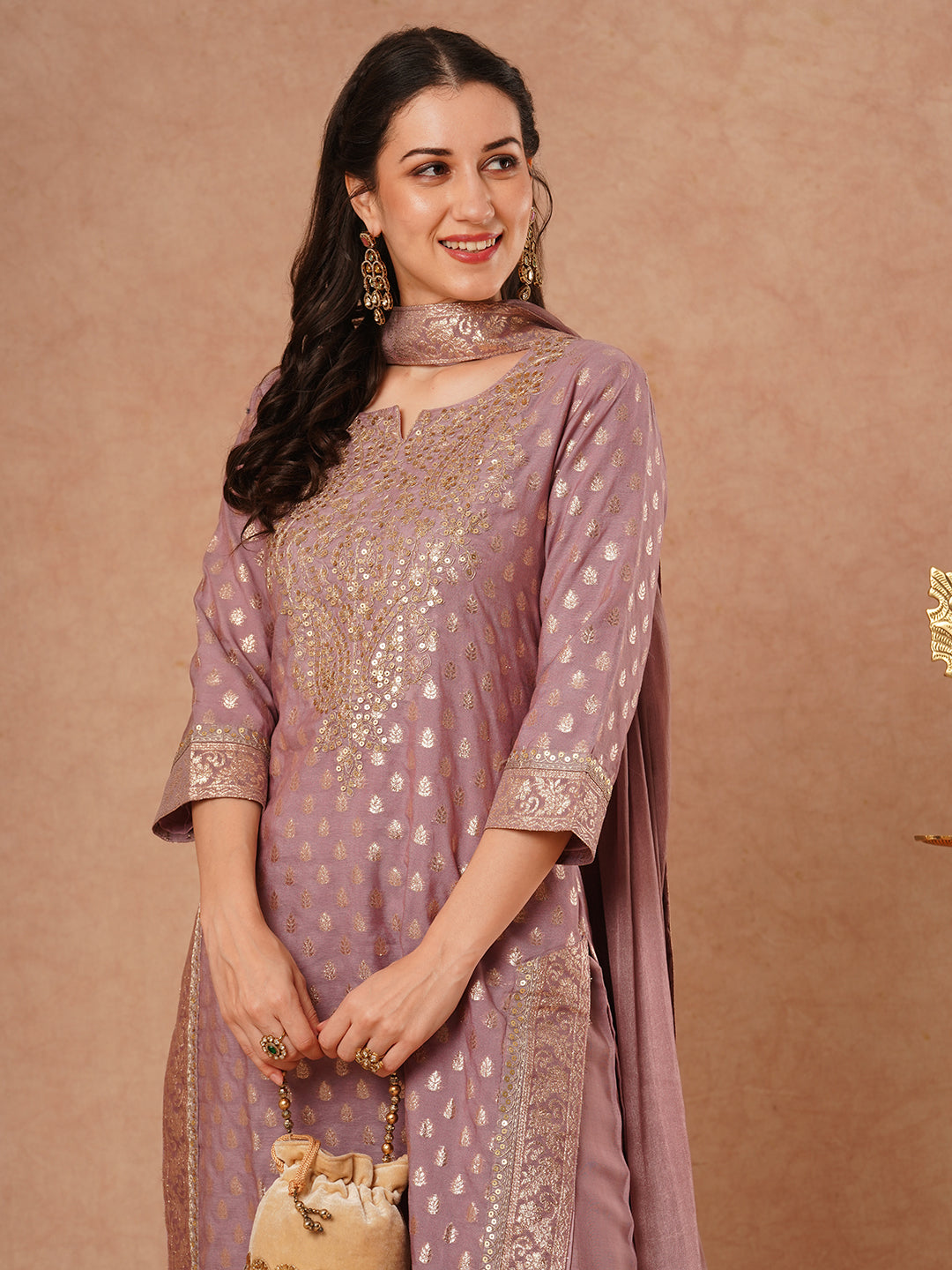 Solid Ethnic Embroidered & Woven Straight Kurta with Palazzo & Dupatta - Lavender