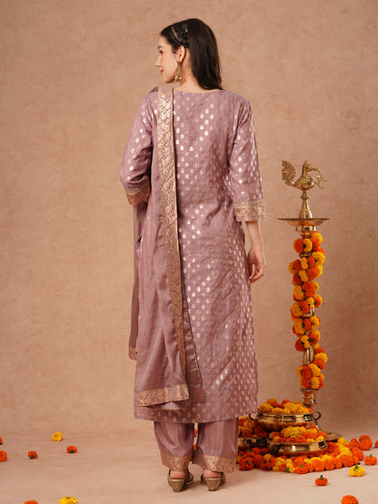 Solid Ethnic Embroidered & Woven Straight Kurta with Palazzo & Dupatta - Lavender