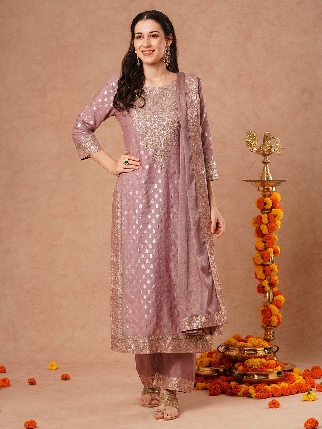 Solid Ethnic Embroidered & Woven Straight Kurta with Palazzo & Dupatta - Lavender