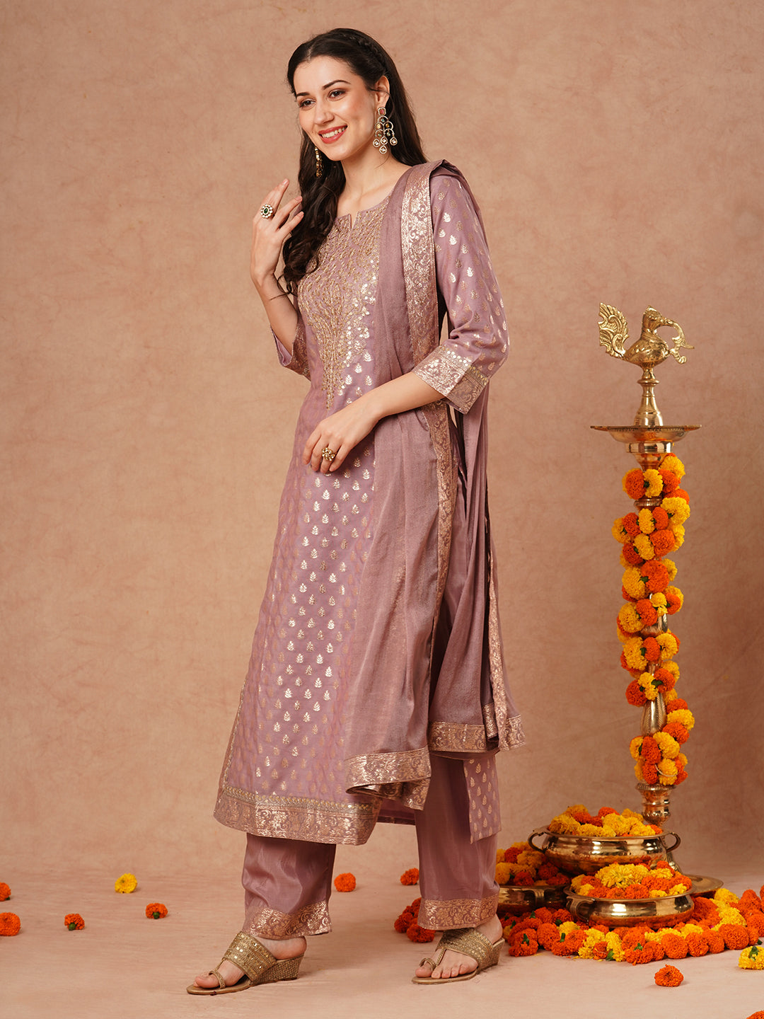 Solid Ethnic Embroidered & Woven Straight Kurta with Palazzo & Dupatta - Lavender