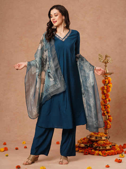 Solid Floral Embroidered A-Line Kurta with Pant & Tissue Dupatta - Blue