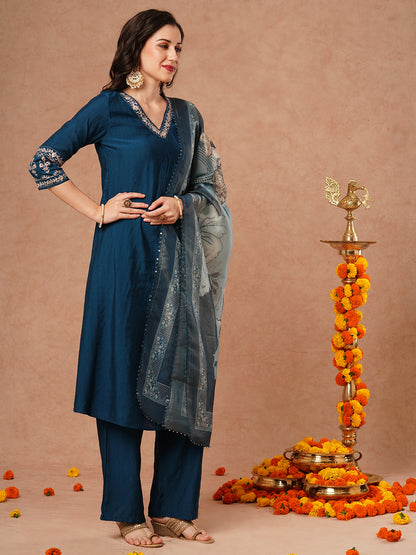 Solid Floral Embroidered A-Line Kurta with Pant & Tissue Dupatta - Blue