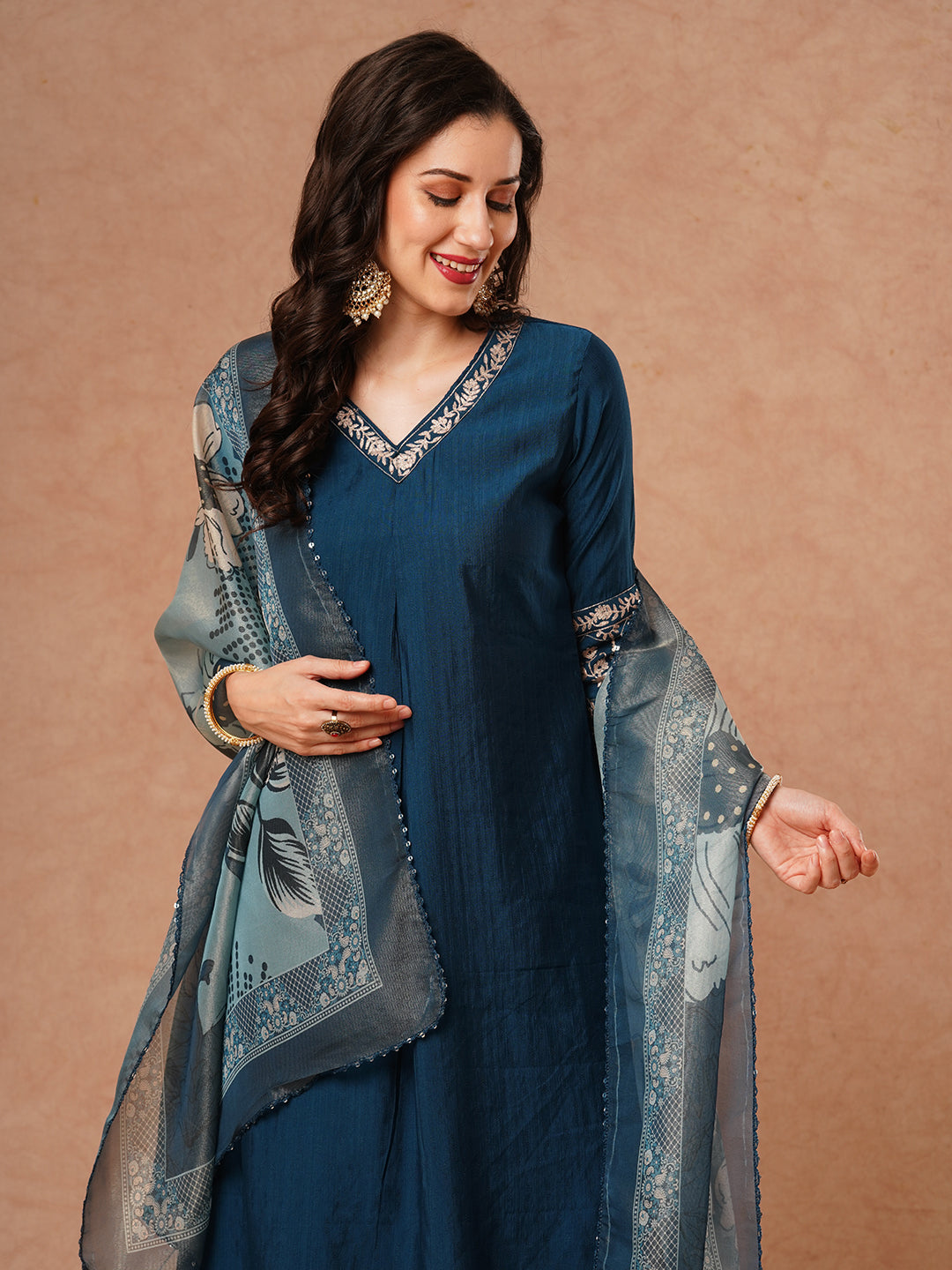 Solid Floral Embroidered A-Line Kurta with Pant & Tissue Dupatta - Blue