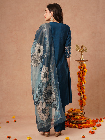 Solid Floral Embroidered A-Line Kurta with Pant & Tissue Dupatta - Blue