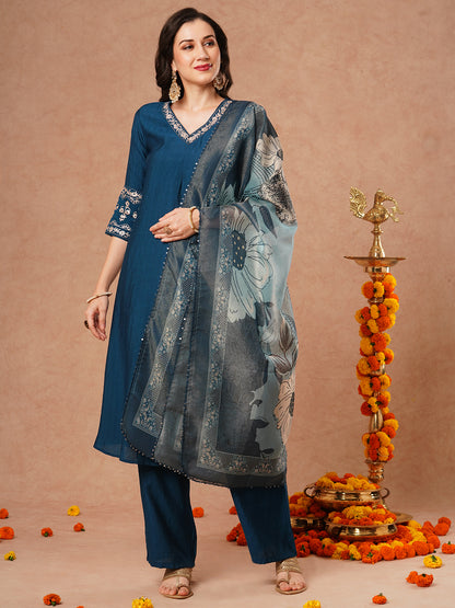 Solid Floral Embroidered A-Line Kurta with Pant & Tissue Dupatta - Blue