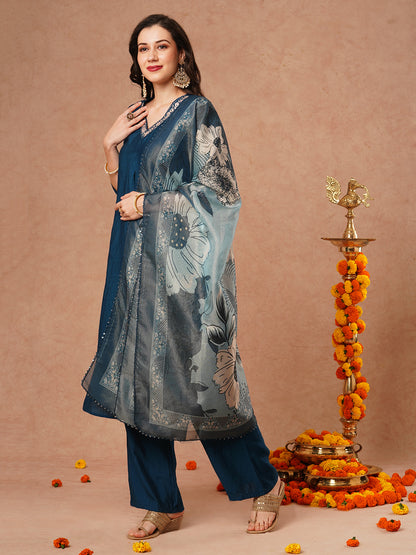 Solid Floral Embroidered A-Line Kurta with Pant & Tissue Dupatta - Blue