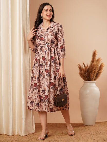 Floral Printed A-Line Pleated Maxi Dress with Belt - Cream