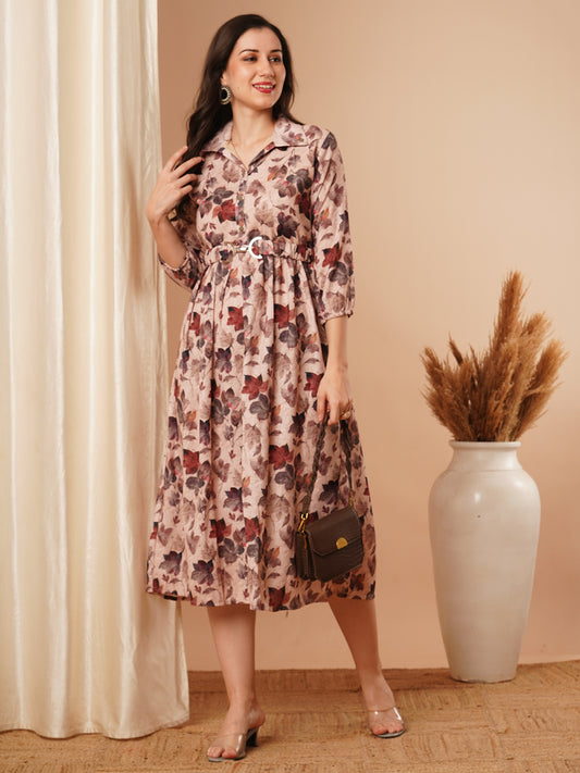 Floral Printed A-Line Pleated Maxi Dress with Belt - Cream