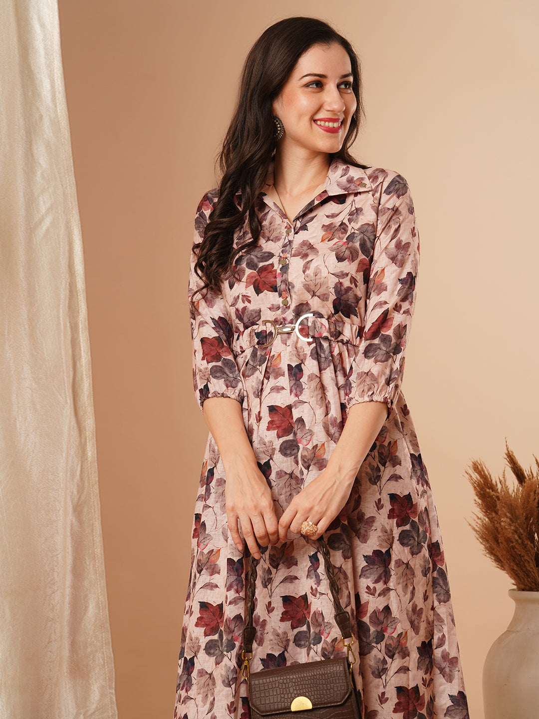 Floral Printed A-Line Pleated Maxi Dress with Belt - Cream