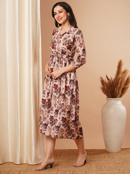 Floral Printed A-Line Pleated Maxi Dress with Belt - Cream