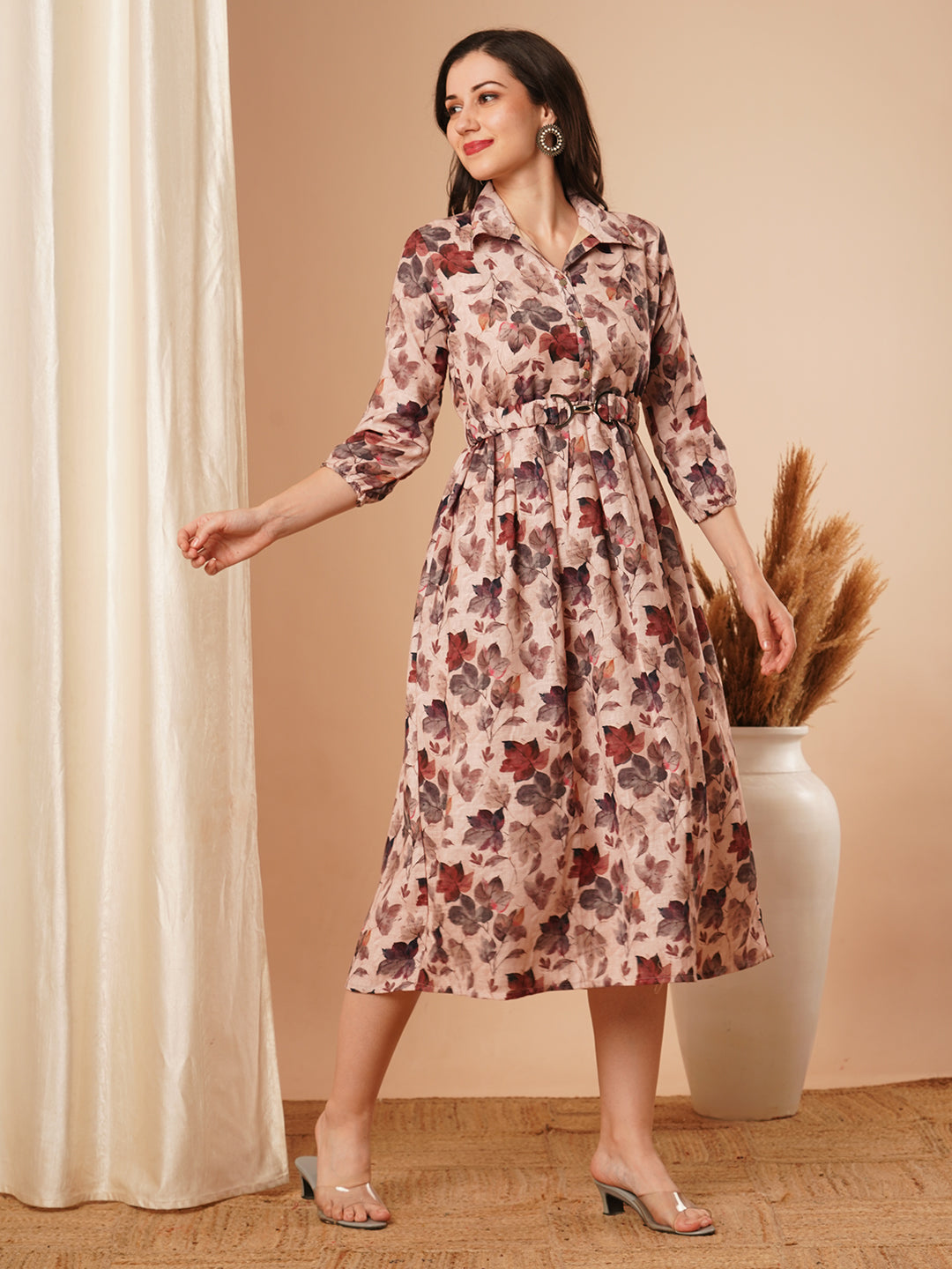 Floral Printed A-Line Pleated Maxi Dress with Belt - Cream