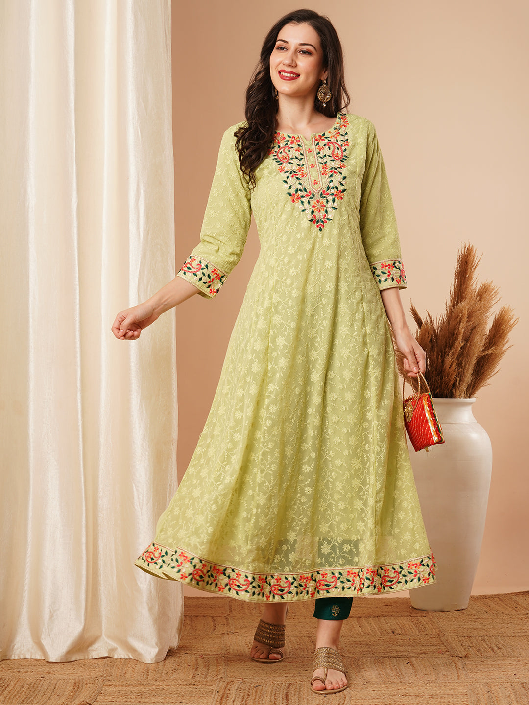 Floral Chikankari Embroidered Anarkali Flared Maxi Dress - Green