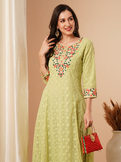 Floral Chikankari Embroidered Anarkali Flared Maxi Dress - Green