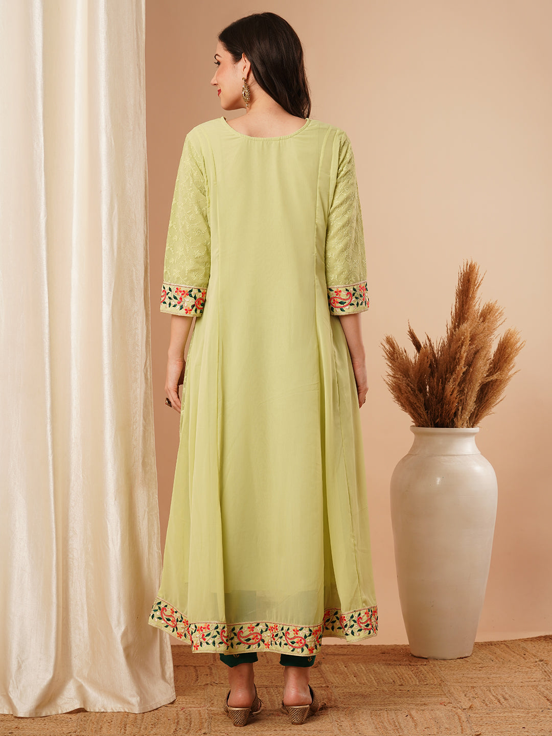 Floral Chikankari Embroidered Anarkali Flared Maxi Dress - Green