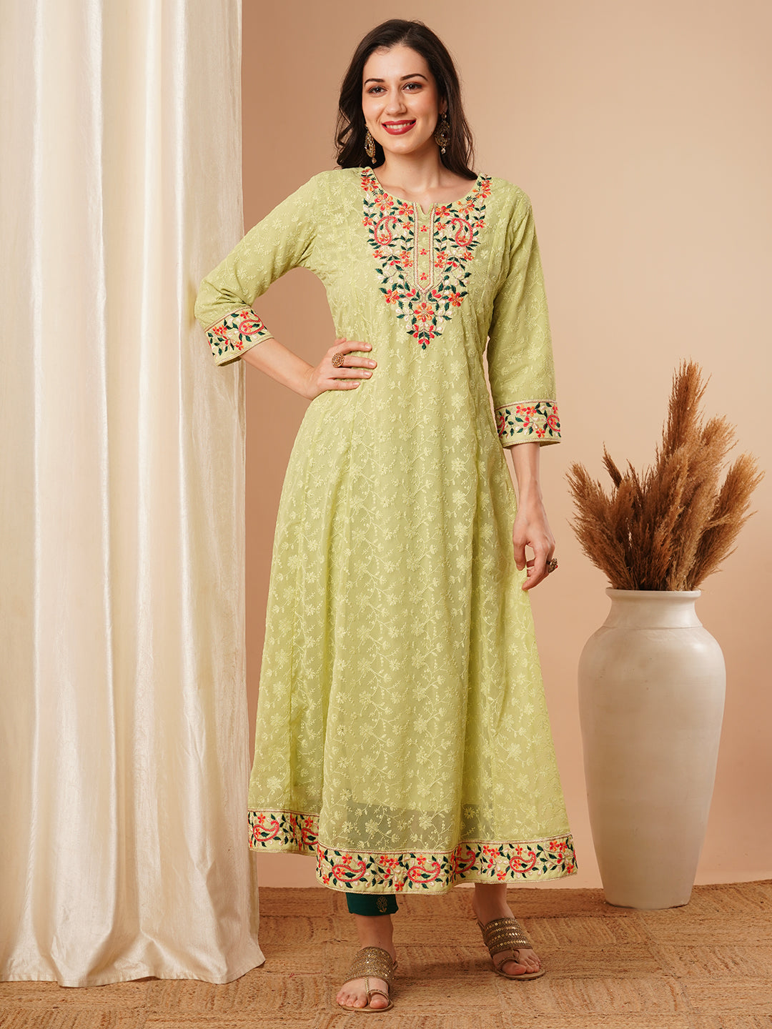 Floral Chikankari Embroidered Anarkali Flared Maxi Dress - Green