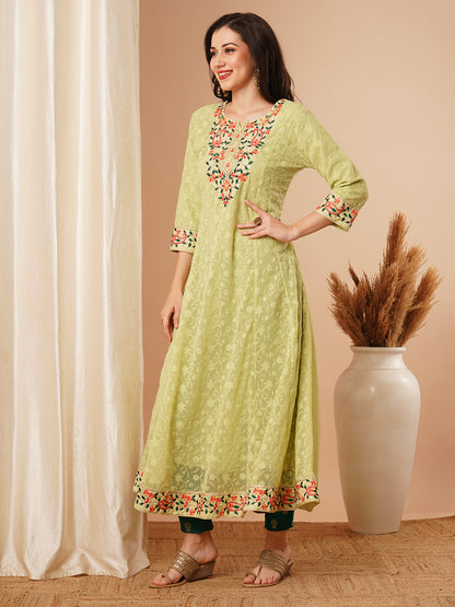 Floral Chikankari Embroidered Anarkali Flared Maxi Dress - Green