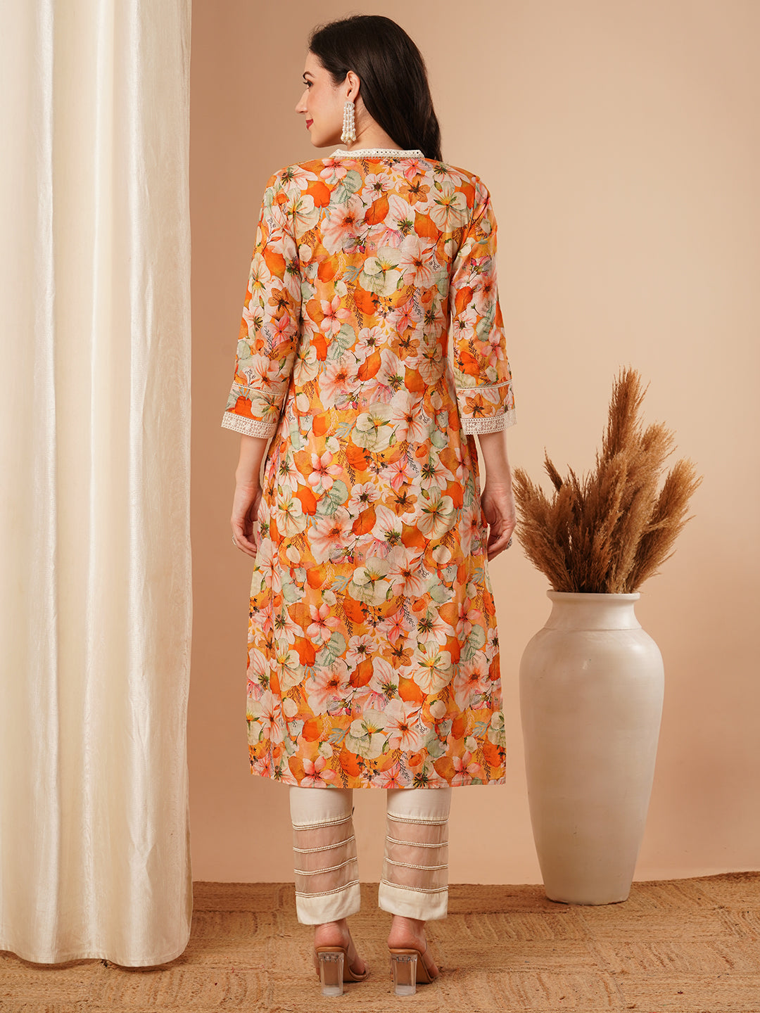 Abstract Floral Printed Straight Fit Kurta - Yellow