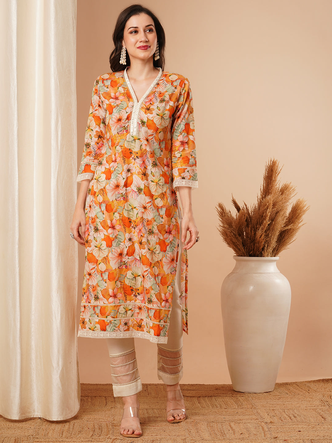 Abstract Floral Printed Straight Fit Kurta - Yellow