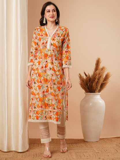 Abstract Floral Printed Straight Fit Kurta - Yellow