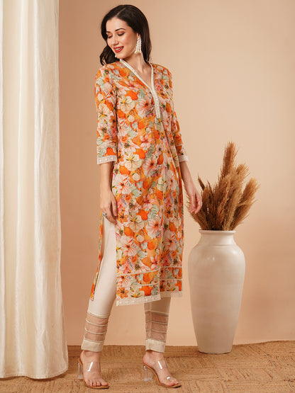 Abstract Floral Printed Straight Fit Kurta - Yellow