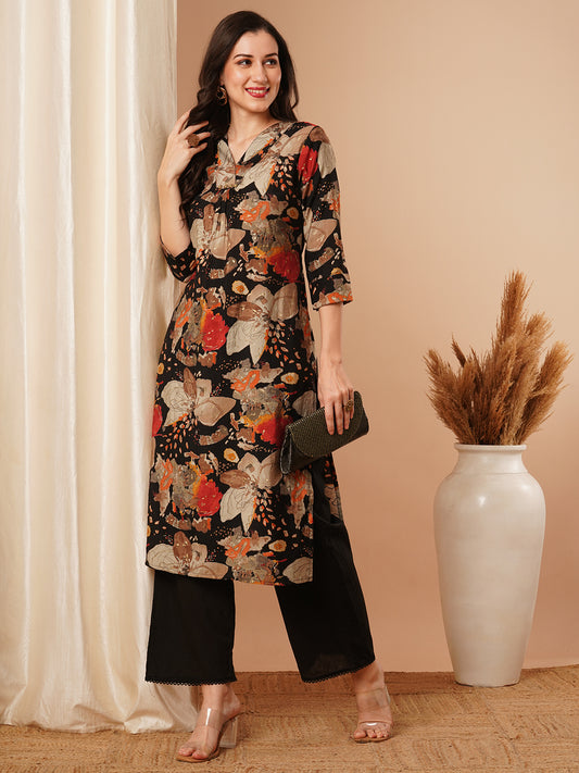 Abstract Floral Printed Straight Fit Kurta - Black