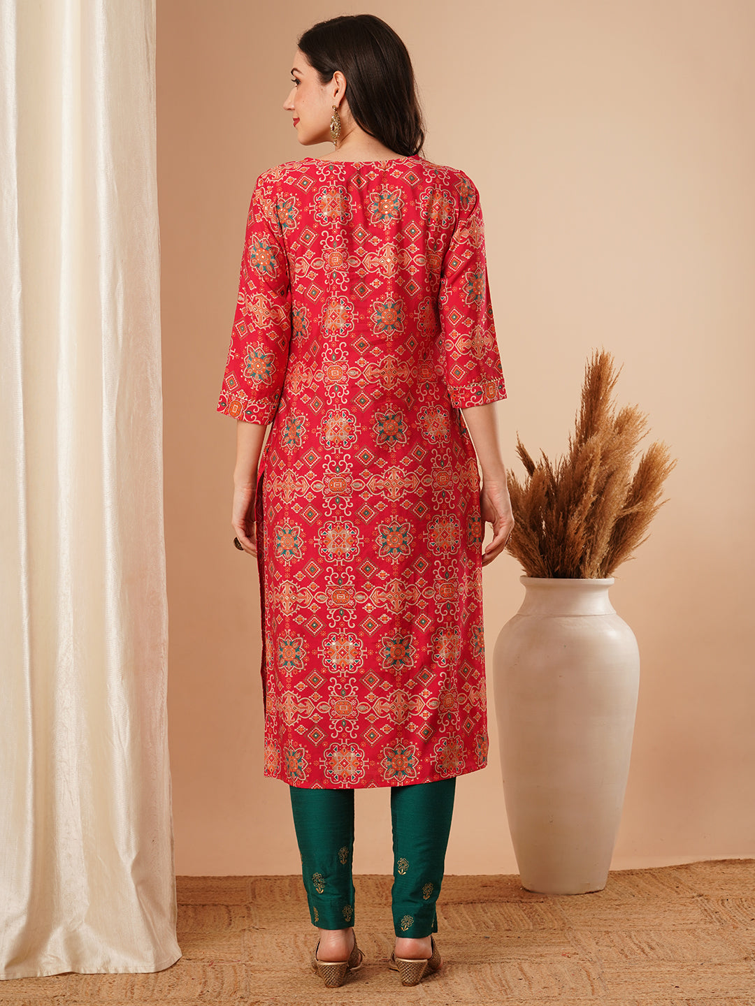 Floral Printed & Embroidered Straight Fit Kurta - Red