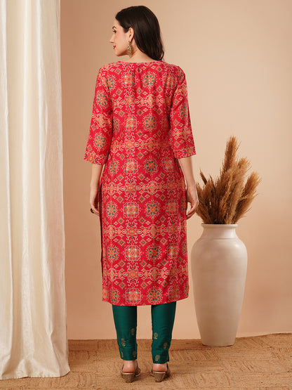Floral Printed & Embroidered Straight Fit Kurta - Red