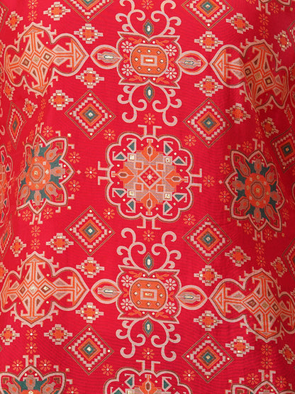 Floral Printed & Embroidered Straight Fit Kurta - Red