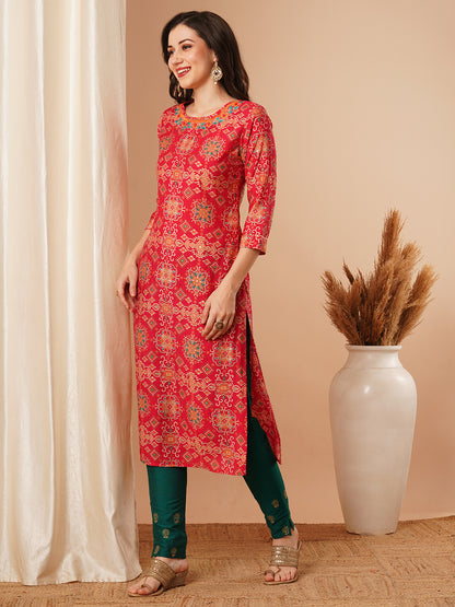 Floral Printed & Embroidered Straight Fit Kurta - Red