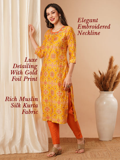 Ethnic Floral Foil Printed & Embroidered Straight Fit Kurta - Yellow