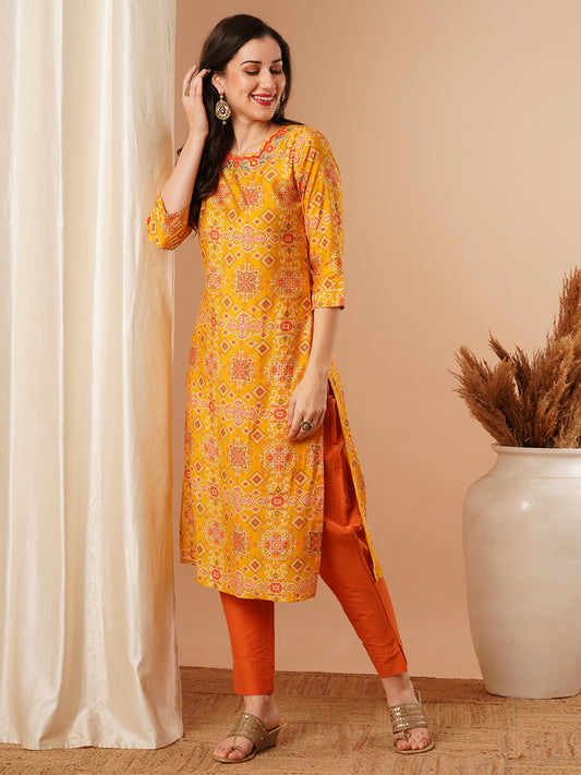 Ethnic Floral Foil Printed & Embroidered Straight Fit Kurta - Yellow