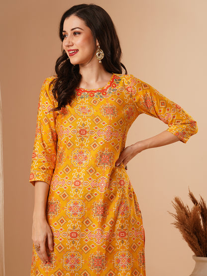 Ethnic Floral Foil Printed & Embroidered Straight Fit Kurta - Yellow