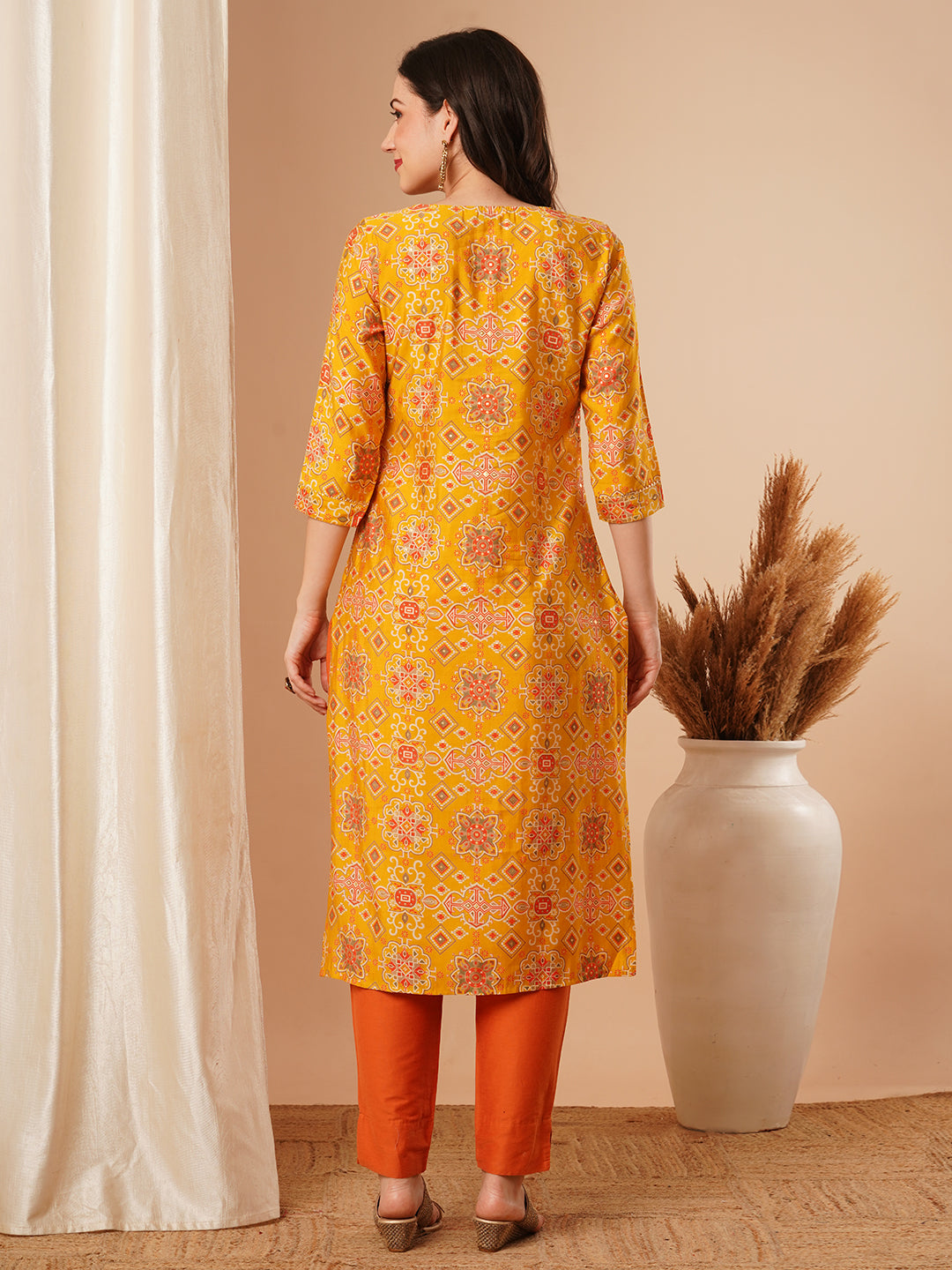 Ethnic Floral Foil Printed & Embroidered Straight Fit Kurta - Yellow