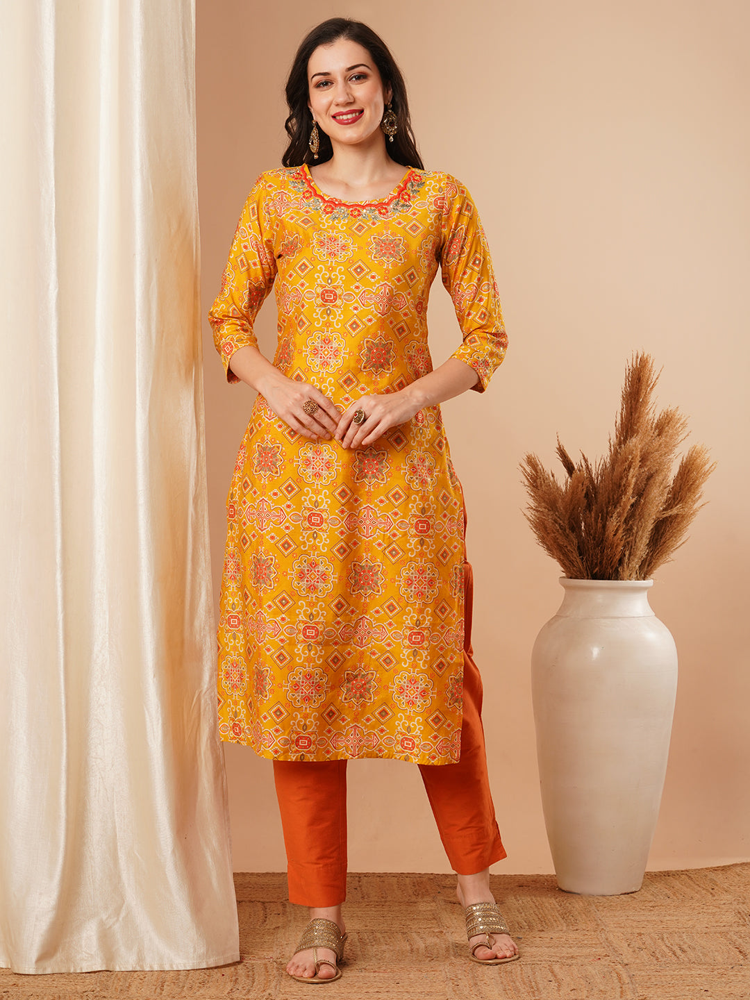 Ethnic Floral Foil Printed & Embroidered Straight Fit Kurta - Yellow