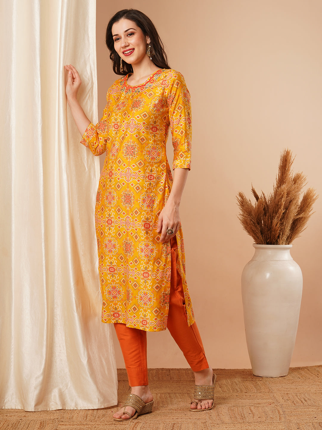 Ethnic Floral Foil Printed & Embroidered Straight Fit Kurta - Yellow