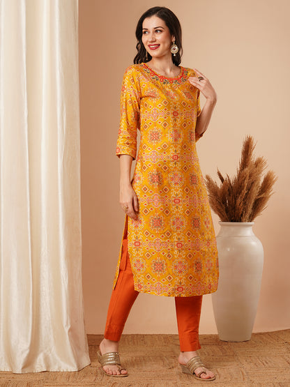 Ethnic Floral Foil Printed & Embroidered Straight Fit Kurta - Yellow