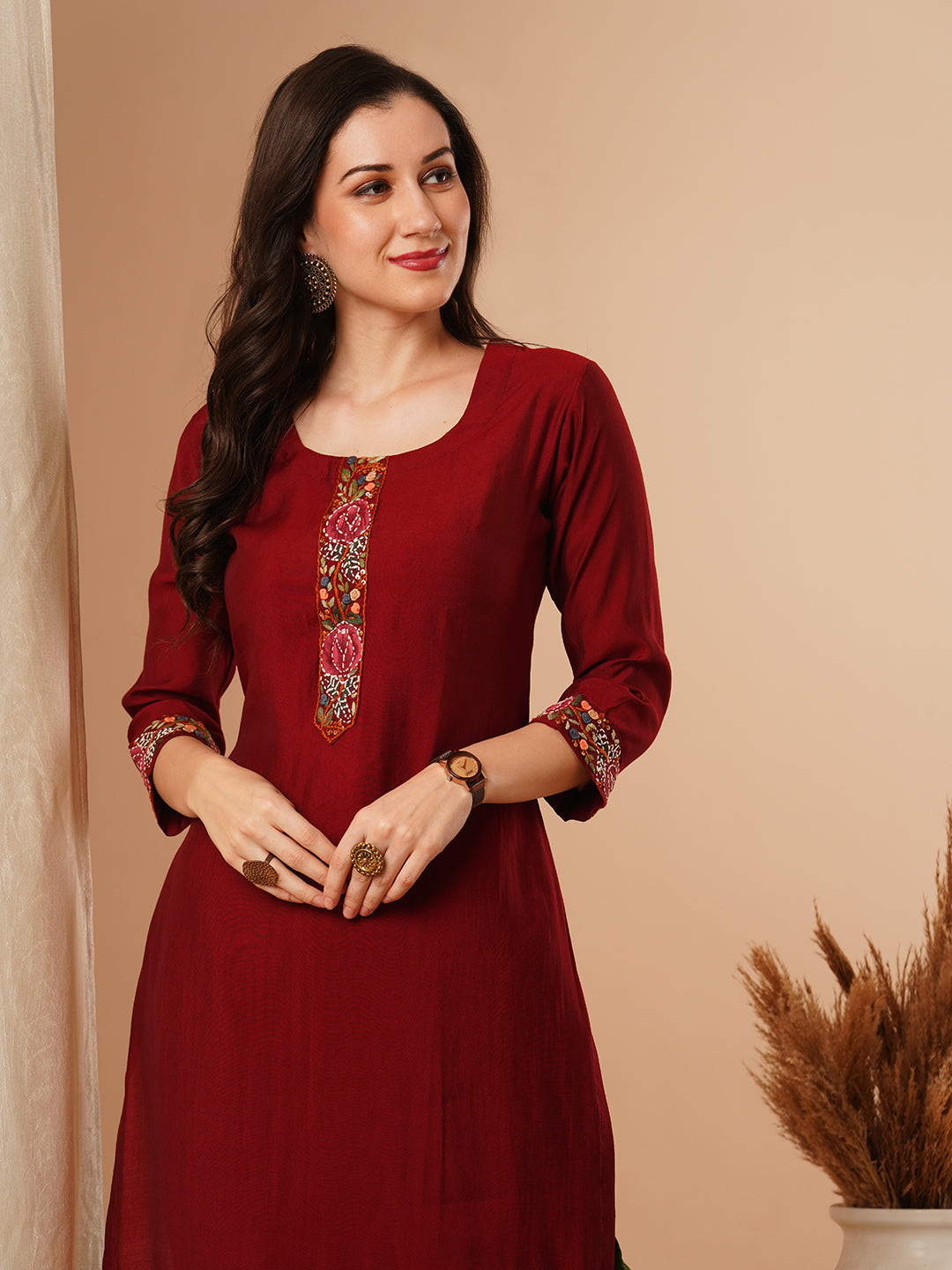 Ethnic Embroidered Straight Fit Kurta - Maroon