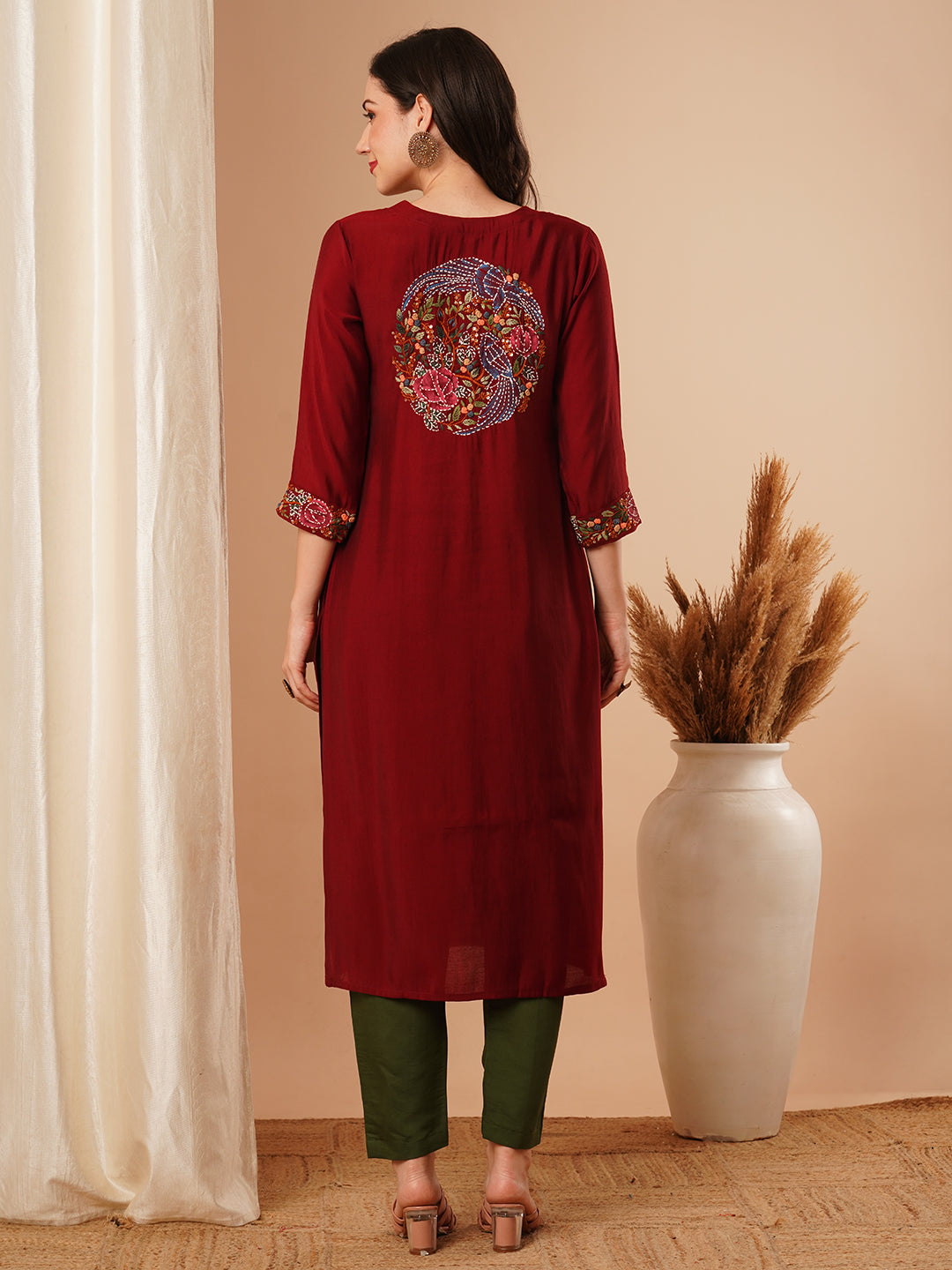 Ethnic Embroidered Straight Fit Kurta - Maroon