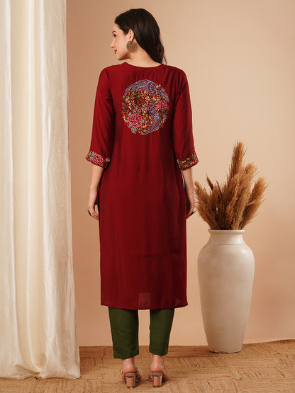 Ethnic Embroidered Straight Fit Kurta - Maroon