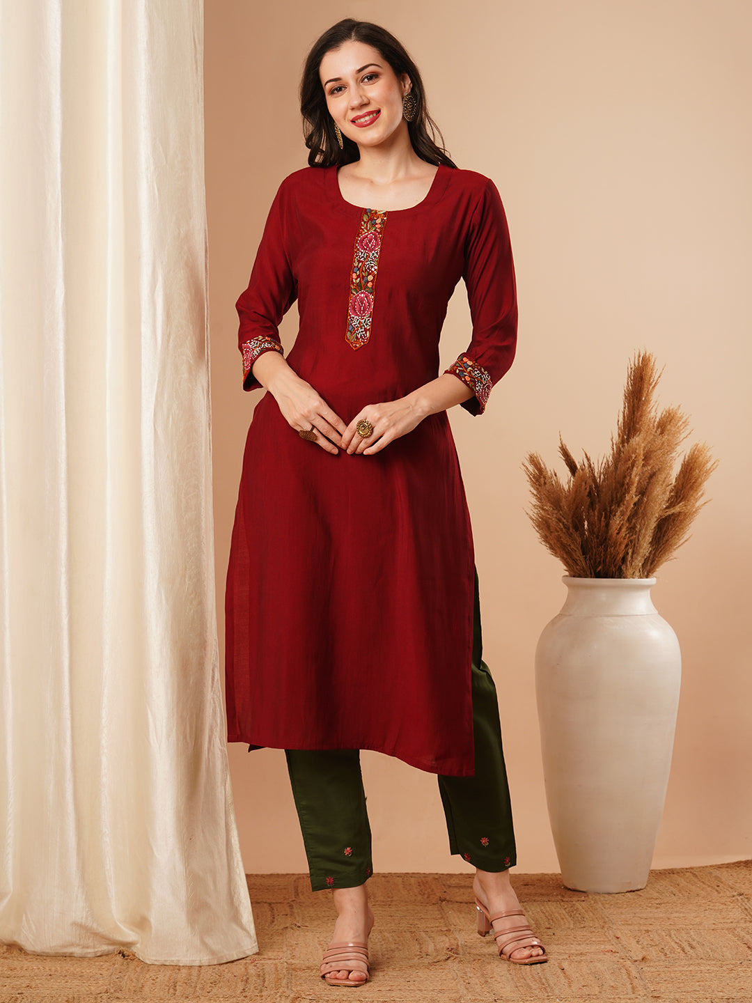 Ethnic Embroidered Straight Fit Kurta - Maroon