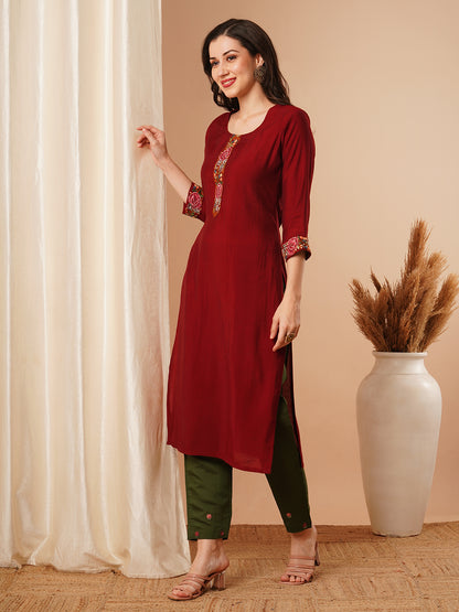 Ethnic Embroidered Straight Fit Kurta - Maroon