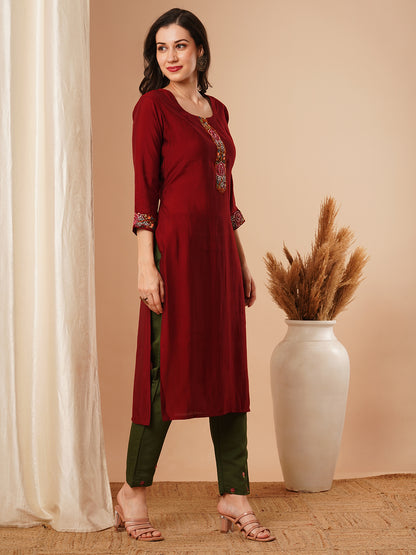 Ethnic Embroidered Straight Fit Kurta - Maroon