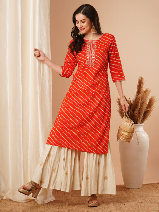 Ethnic Leheriya Printed & Embroidered Straight Fit Kurta - Red