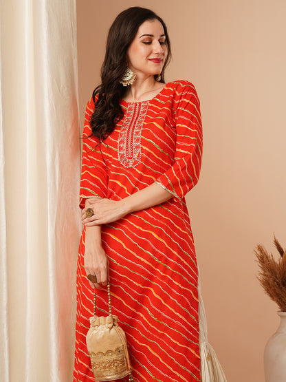 Ethnic Leheriya Printed & Embroidered Straight Fit Kurta - Red