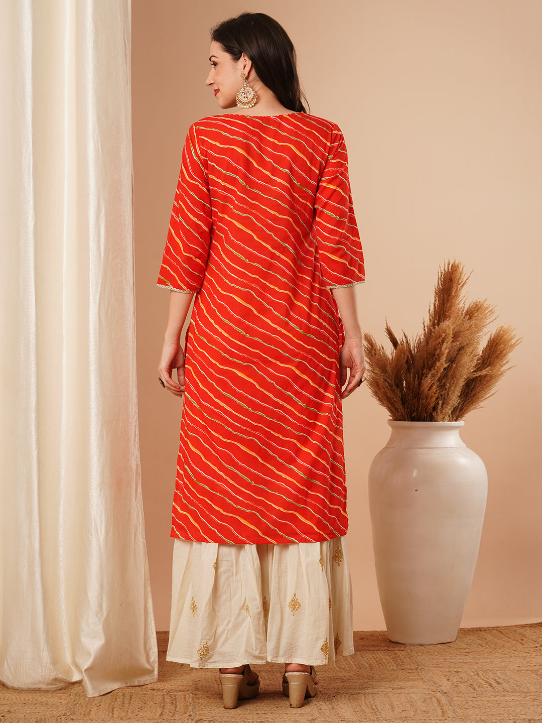 Ethnic Leheriya Printed & Embroidered Straight Fit Kurta - Red