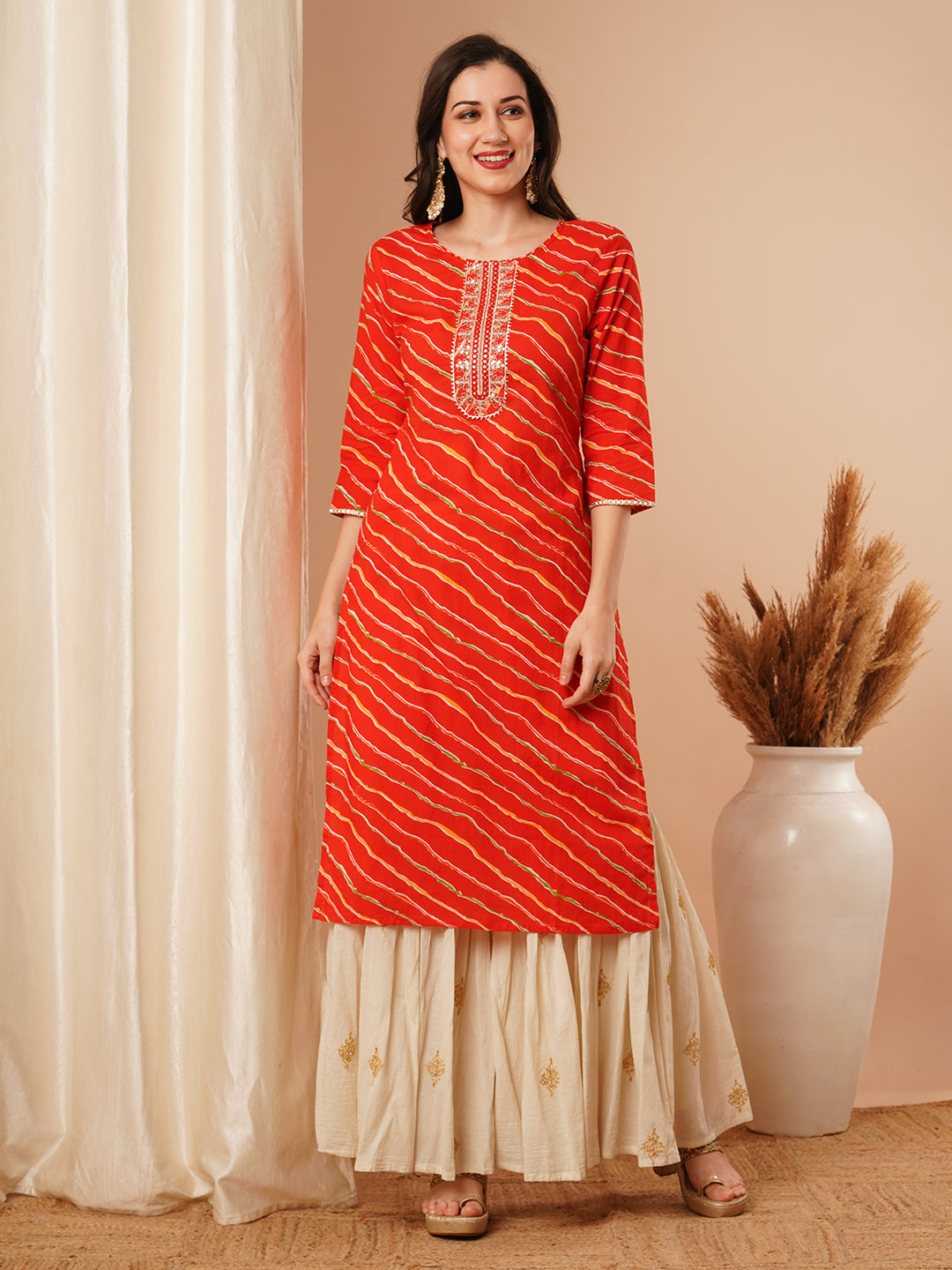 Ethnic Leheriya Printed & Embroidered Straight Fit Kurta - Red