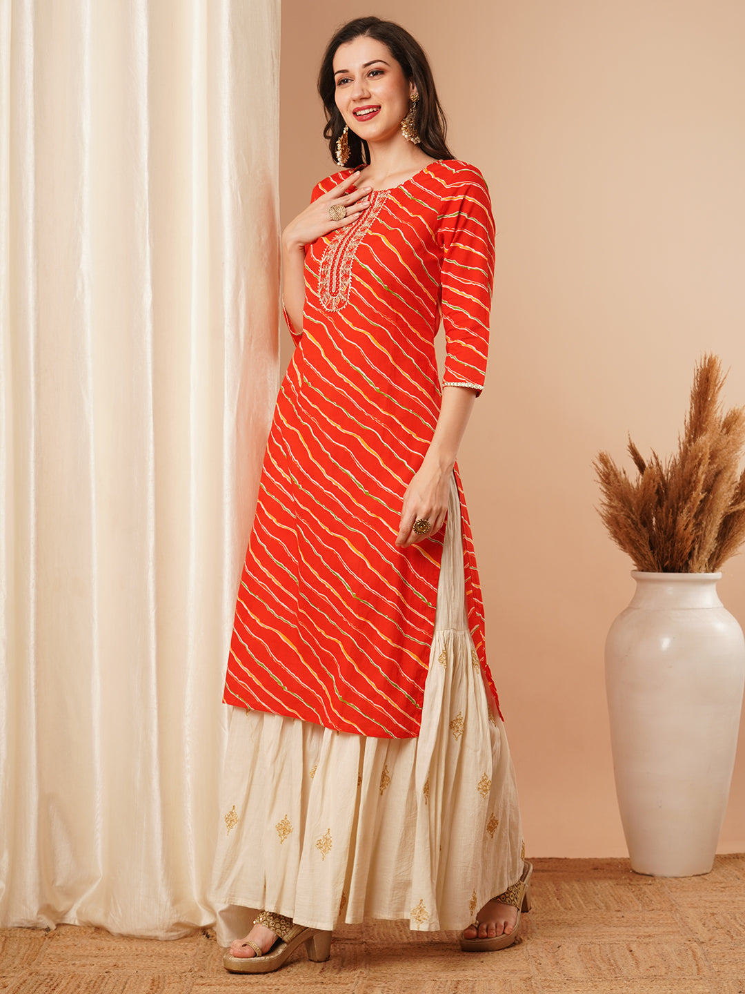 Ethnic Leheriya Printed & Embroidered Straight Fit Kurta - Red